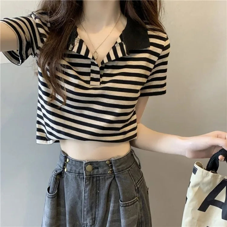 Chic V Neck Short Length Striped Short Sleeve Polo T Shirt For Women Summer 2026 New Niche Top
