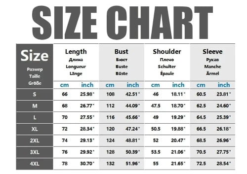 Size chart for clothing measurements in centimeters and inches
