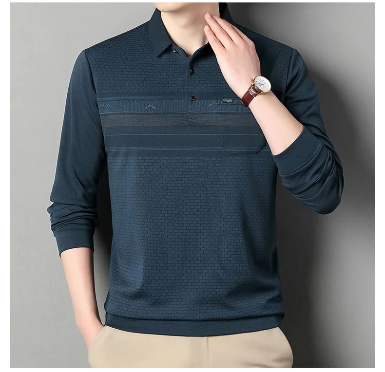 Luxury Wool Blend Fabric Men's Long Sleeve Polo  Classic