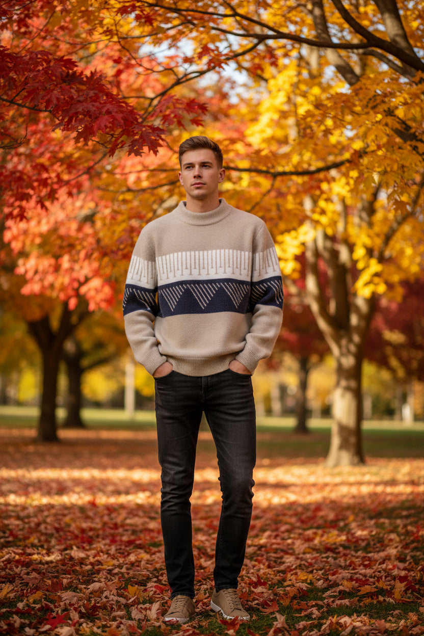 Beige and blue striped sweater on a white background
