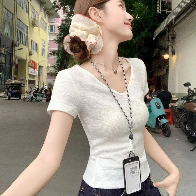 Short Sleeve Simplicity Solid Street Casual T Shirts New Women Clothing V Neck All-match Fashion Tops Lazy Style Trend Summer