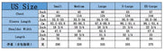A size chart table showing US sizes Small, Medium, Large, X-Large, and XX-Large with measurements in inches and centimeters for chest, sleeve length, 