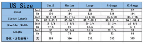 A size chart table showing US sizes Small, Medium, Large, X-Large, and XX-Large with measurements in inches and centimeters for chest, sleeve length, 