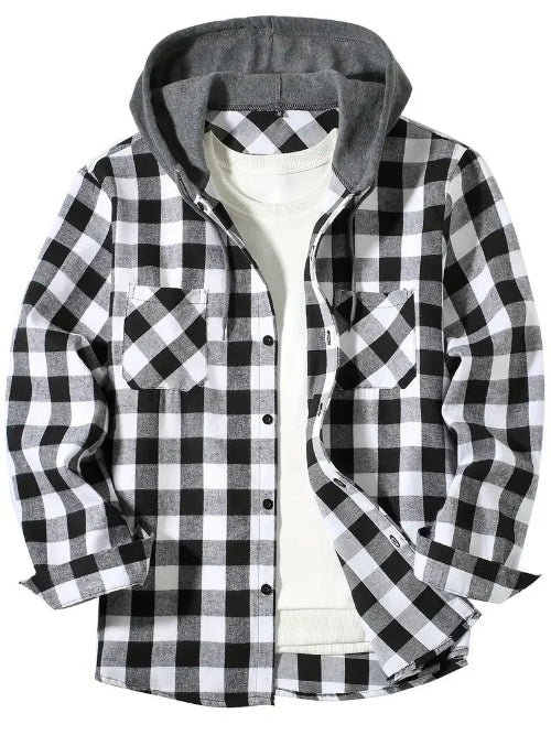 Black and white checkered shirt with a hood on a white background