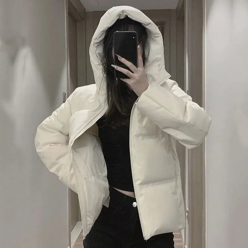 Autumn Winter Cotton-Padded Jacket for Women Thickened Warm Hooded Puffer Parkas Korean Casual Long Sleeve Down Cotton Outwear