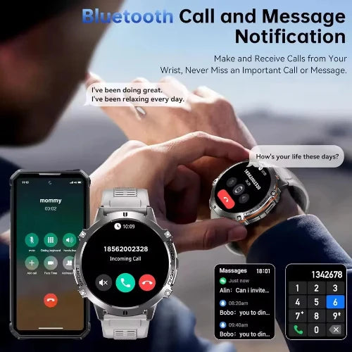 Smartwatch with phone app interface showing Bluetooth call and message notification features.