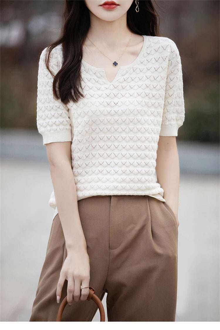 Women's T-shirt Summer New 100% Pure Cotton Tees Casual Solid Knitted Short sleeved V-neck Pullover Loose Tops Fashion Sweater