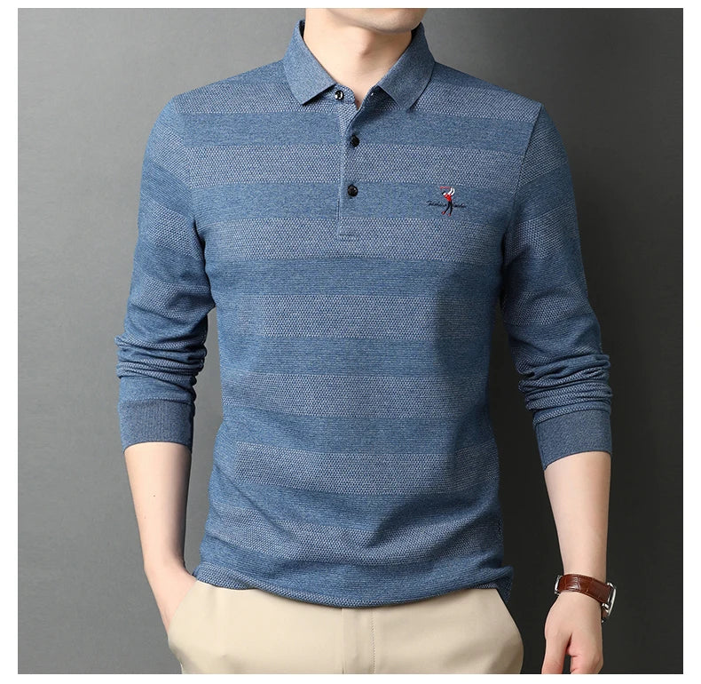 2025 High End New Fashion Brand Striped Designer Embroidery Casual Turn Down Collar Long Sleeve Polo Shirts Men Tops Men Clothes