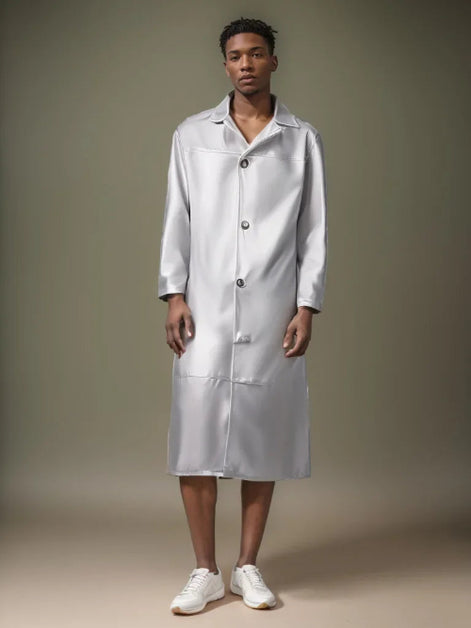 Person wearing a long white lab coat against a neutral background