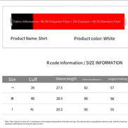 A size and fabric information graphic for a shirt. The top section shows a horizontal fabric composition bar labeled with polyester, elastane, and bamboo fiber, and text indicating the product color is white.