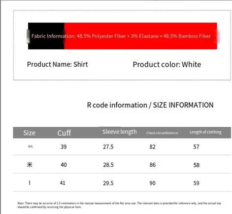 A size and fabric information graphic for a shirt. The top section shows a horizontal fabric composition bar labeled with polyester, elastane, and bamboo fiber, and text indicating the product color is white.