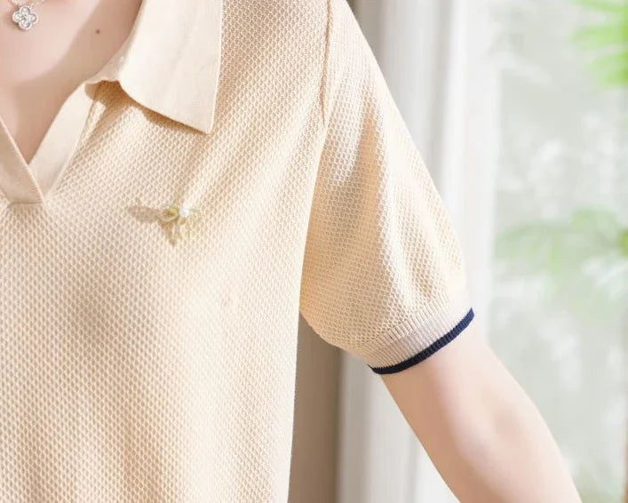 Female Tee Baggy Plain Knitted Cute T-shirts Kawaii Women's Polo Pulovers Offer Comfortable Summer 2025 with Collar New On