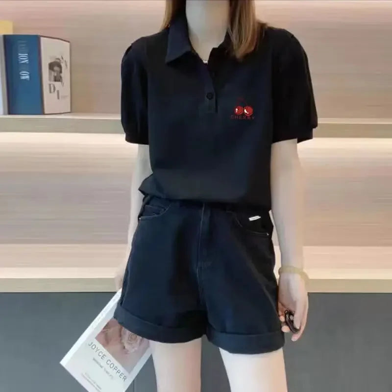 Graphic Women's Polo Female Tee Summer Outfit Harajuku Fashion Y2k Clothes Japanese Vintage Sale Korea Basic Pulovers T-shirts