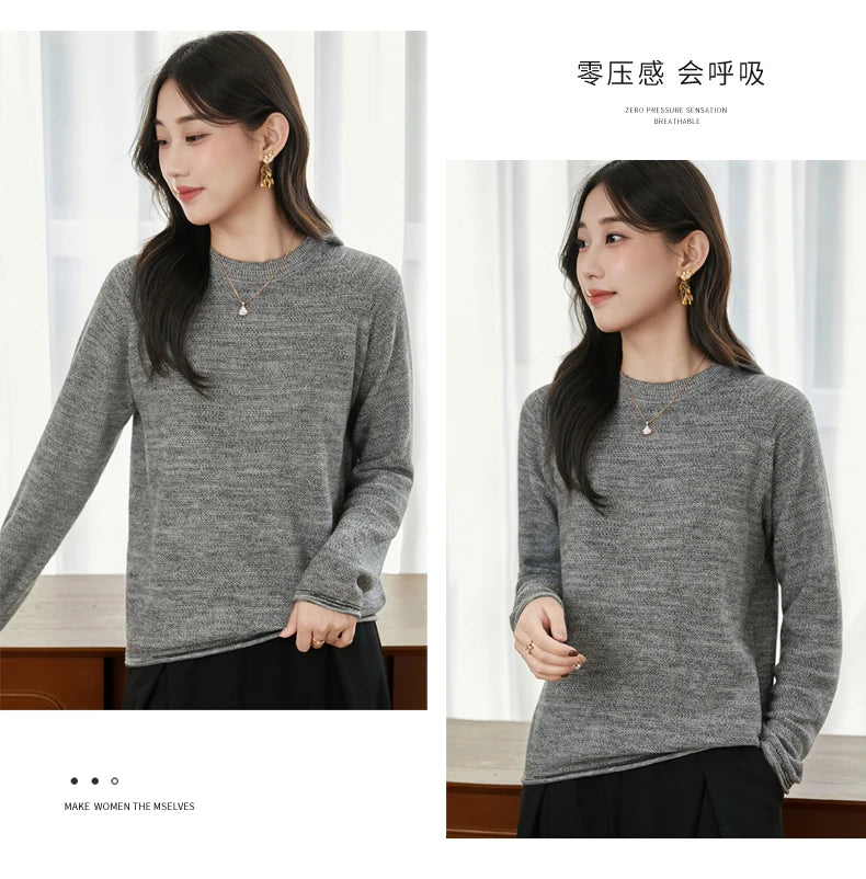 100% pure cotton women's knitted sweater casual round neck pullover for autumn and winter new women's top loose and hot selling