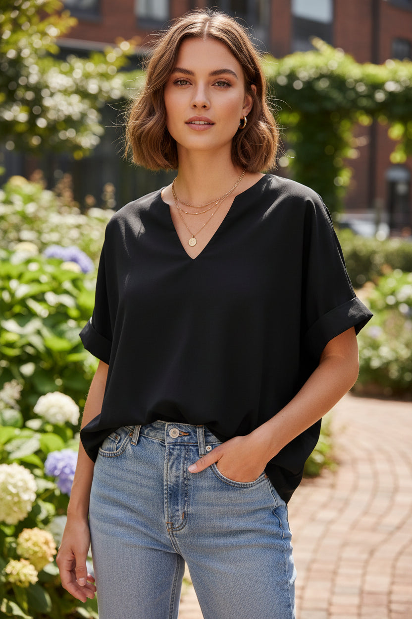 Black blouse with a button detail on a hanger against a white wall.