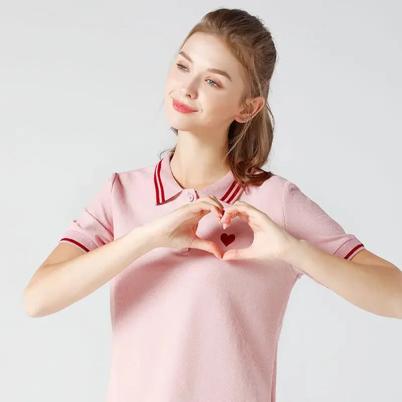 Polo Neck Shirt for Women Button 100℅ Cotton White Embroidery Baggy Woman T Pulovers High Quality Korean Popular Clothes Youth