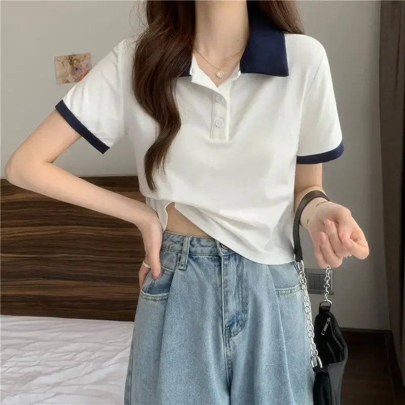 Plain Female Tee Slim Women's Polo Shirts T-shirts Short Sleeve T-shirt in Trend 2025 Youthful Clothes Korean Clothing Elegant