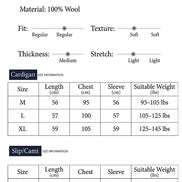 Product information table for a women's 100% wool shirt in Chinese, showing size and fit measurements for M, L, and XL with a separate section for tie-on styles.