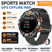 A rugged sports watch with a black mesh strap and black bezel, featuring orange accents on the side buttons. The watch face displays a fitness interface.