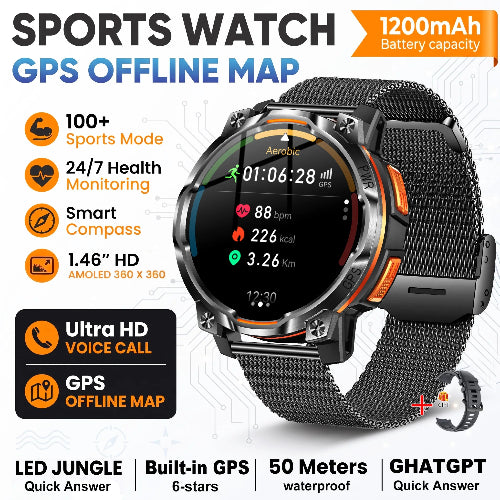A rugged sports watch with a black mesh strap and black bezel, featuring orange accents on the side buttons. The watch face displays a fitness interface.
