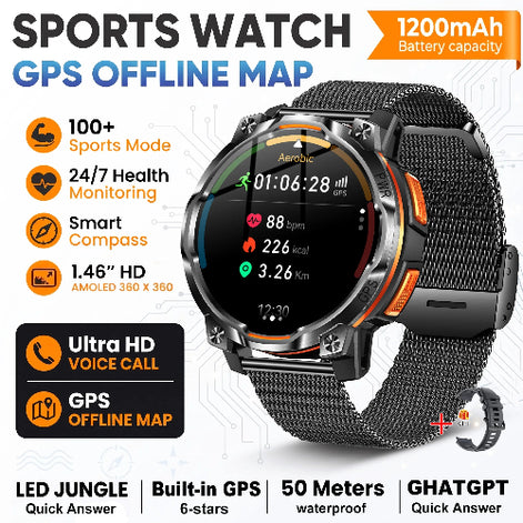 A rugged sports watch with a black mesh strap and black bezel, featuring orange accents on the side buttons. The watch face displays a fitness interface.