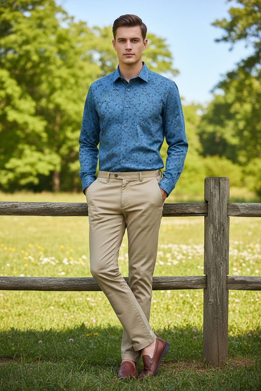 Folded blue shirt with black floral pattern on a white background