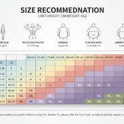 Size recommendation chart for jackets and vests with height and weight ranges.