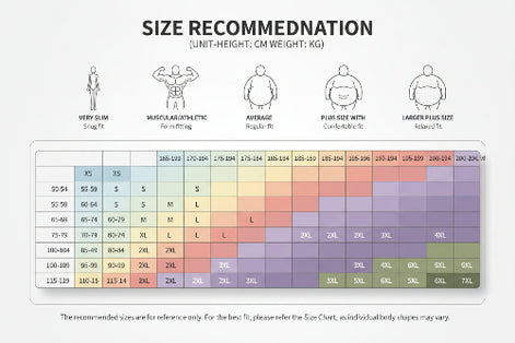 Size recommendation chart for jackets and vests with height and weight ranges.