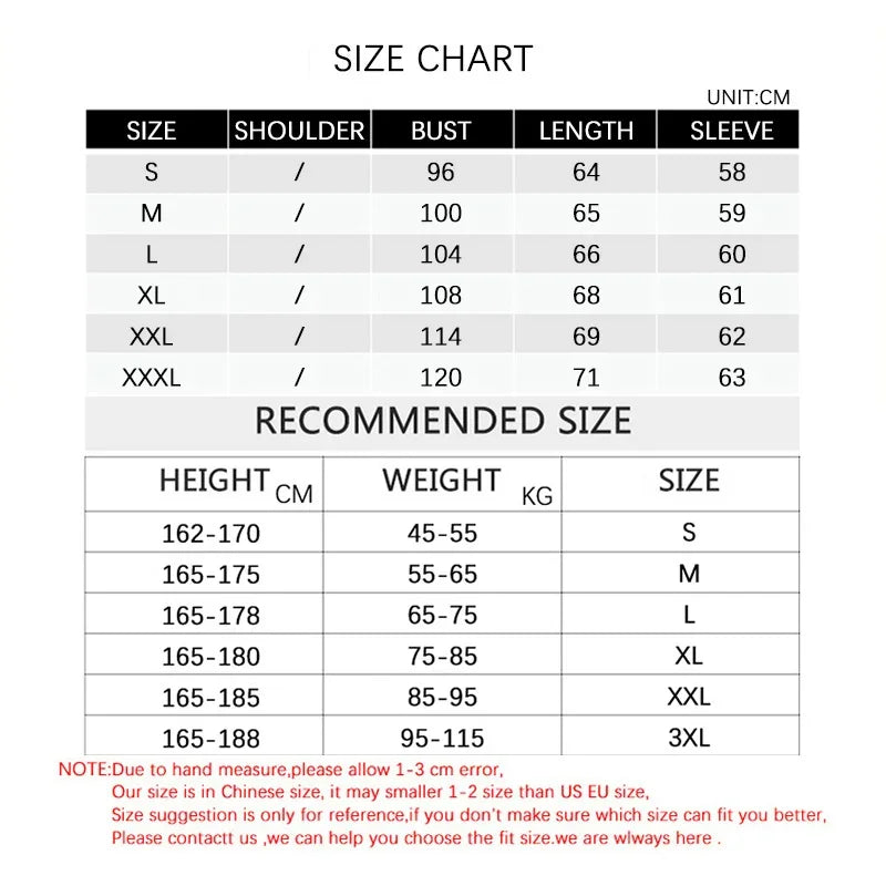 Size chart for clothing with measurements in centimeters