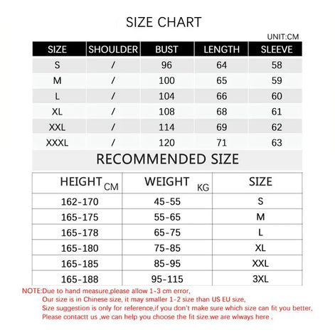 Size chart for clothing with measurements in centimeters