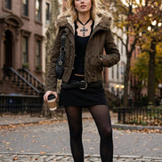 A dark brown hooded jacket with a brown faux-fur trimmed hood, displayed on a mannequin torso. The outfit is accessorized with a black denim shoulder bag, 