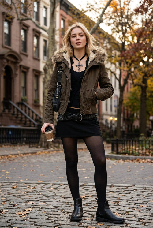 A dark brown hooded jacket with a brown faux-fur trimmed hood, displayed on a mannequin torso. The outfit is accessorized with a black denim shoulder bag, 
