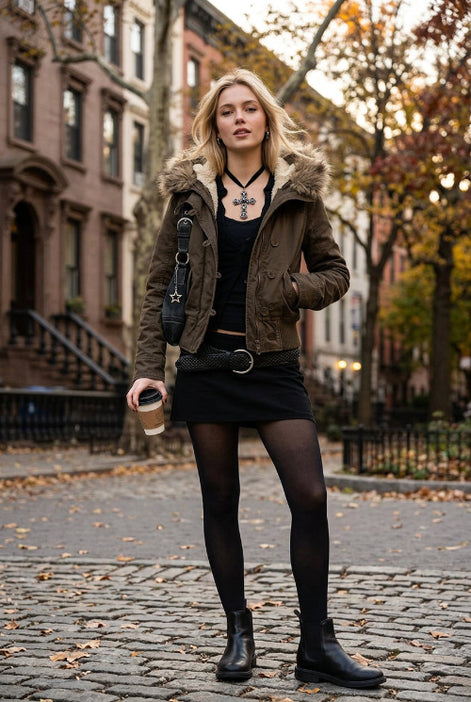 A dark brown hooded jacket with a brown faux-fur trimmed hood, displayed on a mannequin torso. The outfit is accessorized with a black denim shoulder bag, 