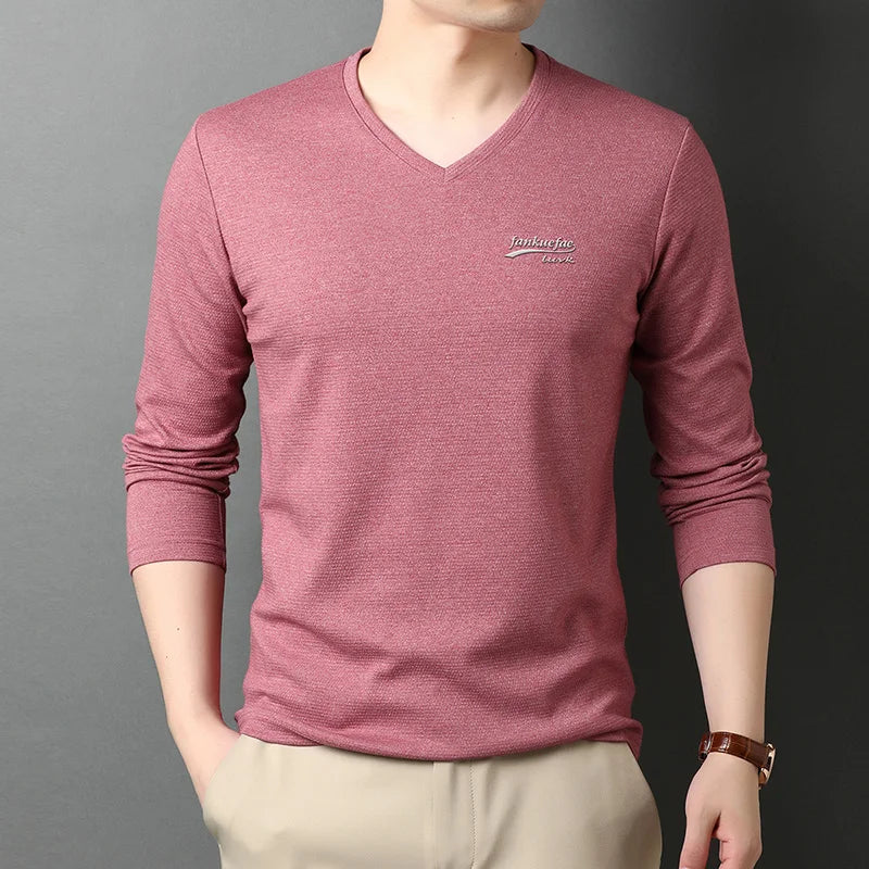 Top Quality New Fashion Brand Solid Color Plain V Neck Long Sleeve t Shirt Men Cotton Casual Men Clothes 2025