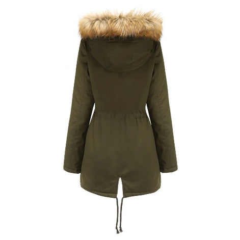 An olive green hooded parka jacket with a faux-fur trimmed hood, shown from the back on a white background.