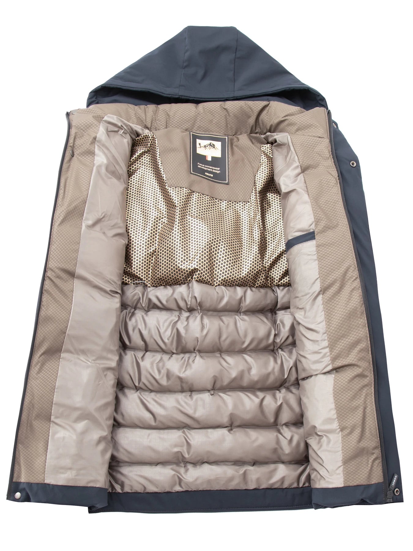Beige and navy hooded jacket with mesh lining on a white background
