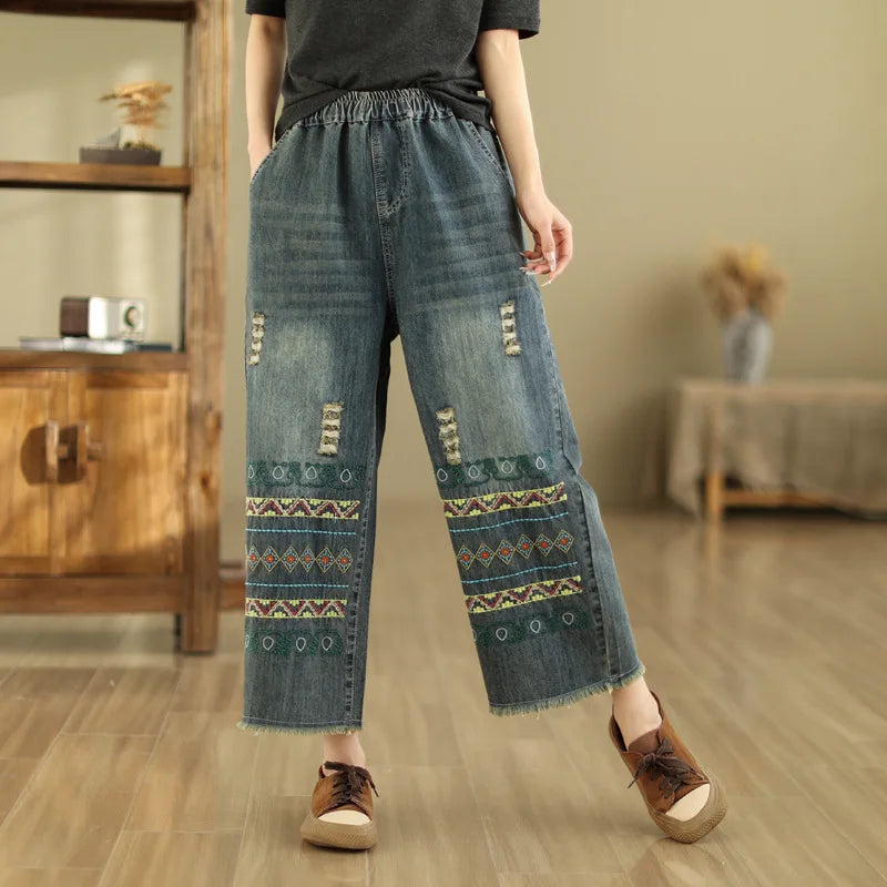 Spring Summer Ethnic Style Vintage Floral Embroidery Denim Wide Leg Pants Women High Elastic Waist Hole Casual Straight Jeans