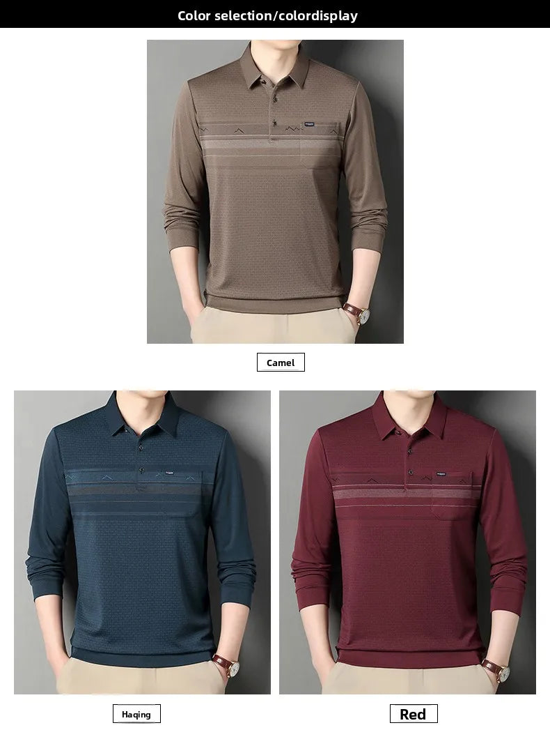 Three color options of a men's long-sleeve polo shirt are shown on a model: a camel brown top, a dark navy blue top, and a burgundy red top. The image includes labels for the colors and a header that reads 'Color selection/colordisplay'.