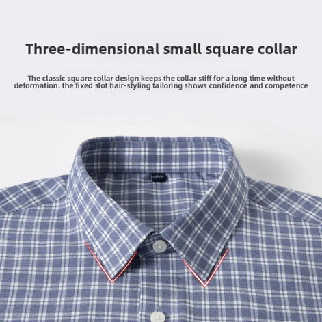 Close-up of a men's plaid dress shirt collar with a three-dimensional square collar design, featuring a blue and white check pattern 