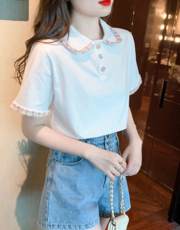 Short Sleeve Button T-shirts Summer Outfit Lapel Baggy Female Tee Aesthetic Clothing Sales Y2k Fashion Youth Women's Polo Shirts