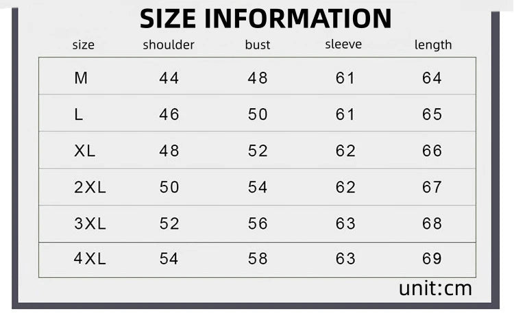 Size chart for clothing with shoulder, bust, sleeve, and length measurements in centimeters.