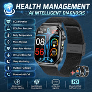 A black smartwatch with a mesh band shown on a dark blue promotional graphic. 