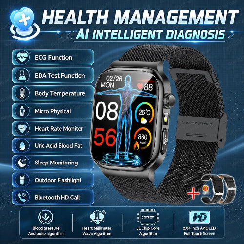 A black smartwatch with a mesh band shown on a dark blue promotional graphic. 