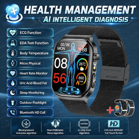A black smartwatch with a mesh band shown on a dark blue promotional graphic. 