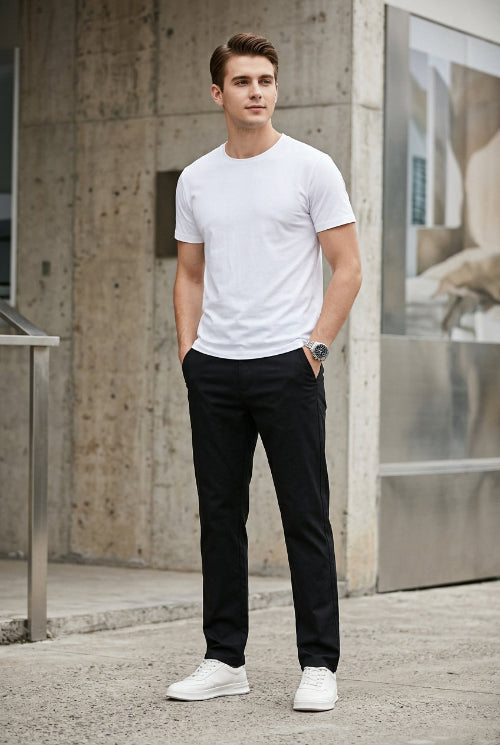 A person wearing black straight-leg pants, a white t-shirt, and white sneakers, standing against a gray studio background. A vertical label on the left reads '真宏' (Black).