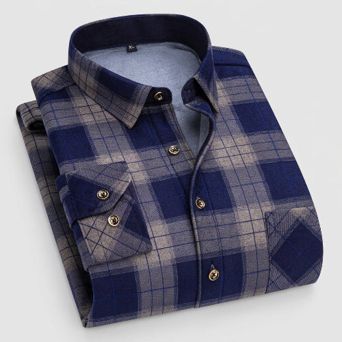 Plaid shirt with blue and gray pattern on a white background