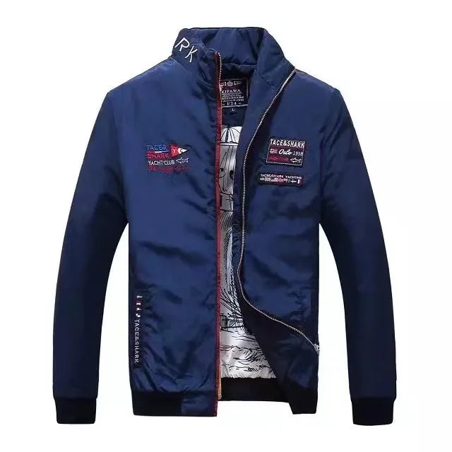 TACE&SHARK Autumn Winter Fashion Men's Blue Windbreakers Embroidery Military Bomber Jacket Business Coat Casual Outerwear