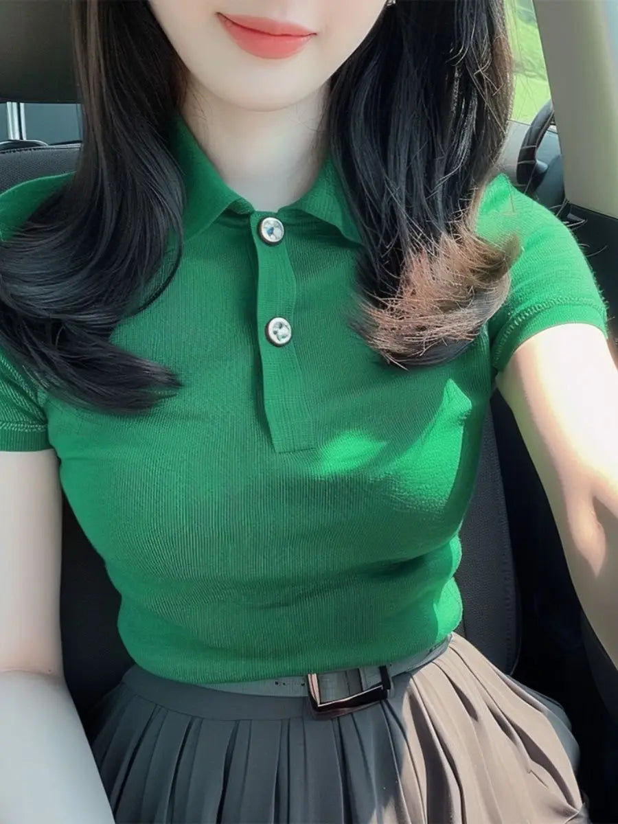 2026 Summer New Solid Color Short Sleeve Stylish Slim Fit Korean Style Polo Collar Hot Girl Top for Women