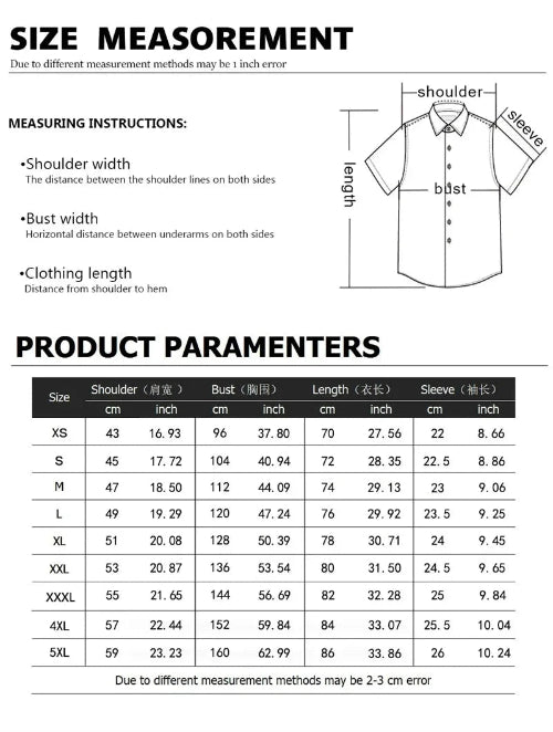 Measurement chart and product parameters for a shirt with shoulder, bust, length, and sleeve dimensions.