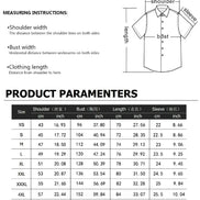 Measurement chart and product parameters for a shirt with shoulder, bust, length, and sleeve dimensions.
